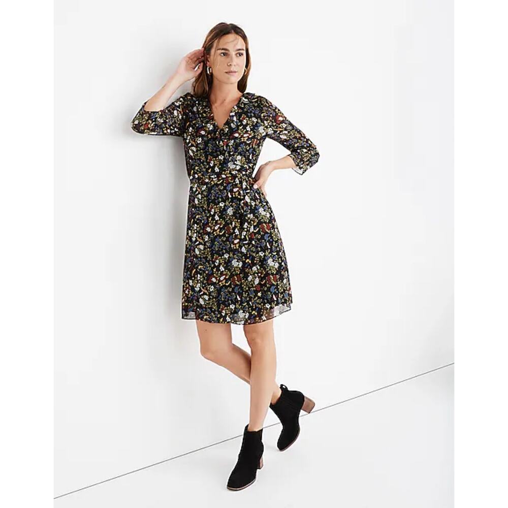 Madewell Sheer Sleeve‎ Ruffled Wrap Dress in Finch Floral Black Small